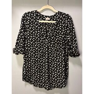 Pixley Womens Black White Floral Tulip Print Roll Tab Sleeve V-Neck Blouse Small